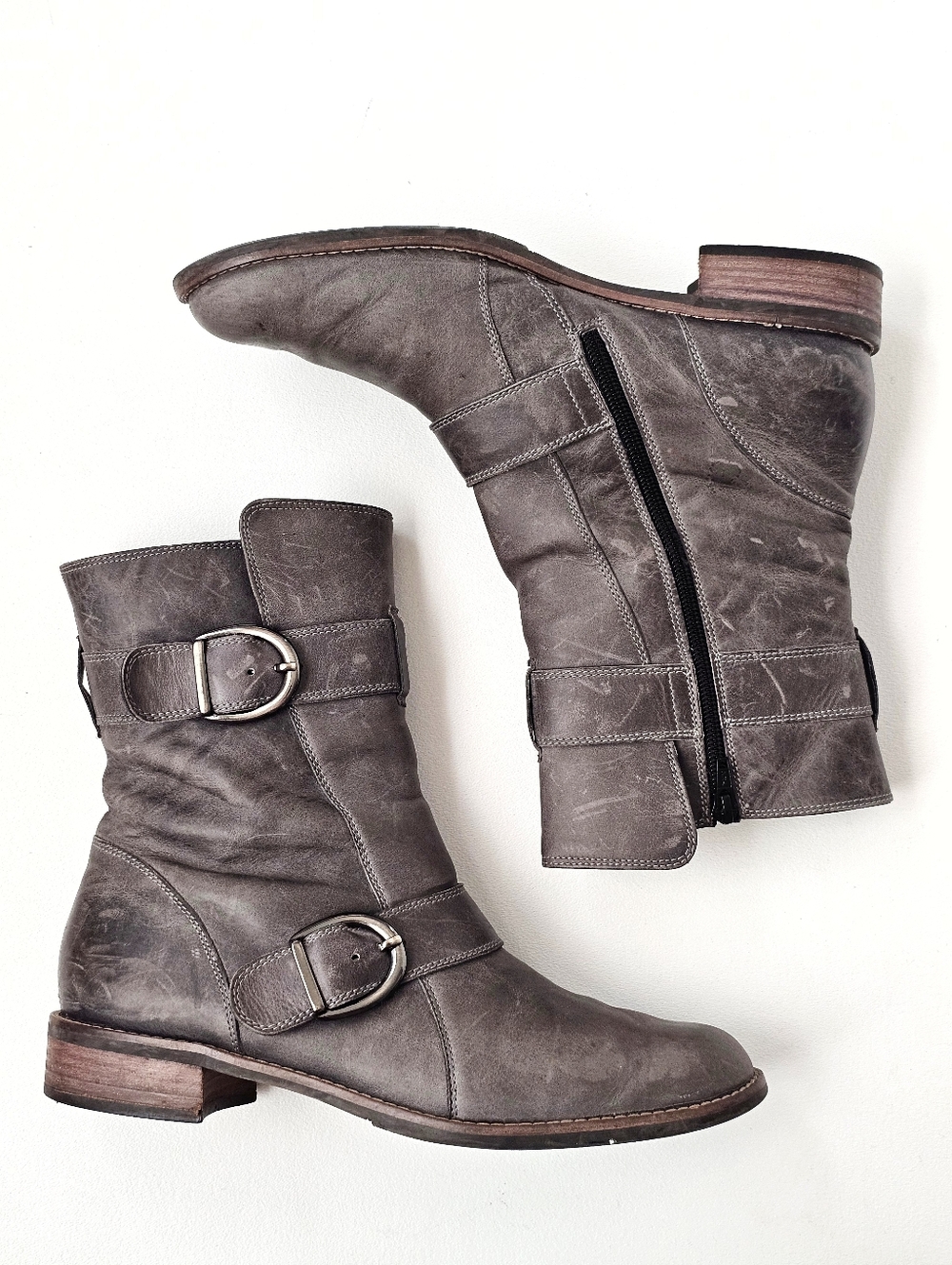 Paul Green Leather Ankle Boots Gray Buckle Moto Made in Austria Sz 7.5